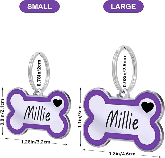 Personalized Deep Engraving Pet ID Tags Engraved Both Sides Bone Shape Custom Dog Tag Stainless Pet ID Tag Engraved Heart Dog Tags for Large Small Dogs Cats (Purple, Small)