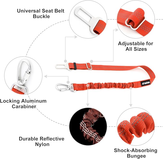 Dog Seat Belt for Car, Adjustable Dog Car Harness Seatbelt for Small Medium Large Dogs, Heavy Duty Travel Safety Restraint with Locking Aluminum Hook & Reflective Nylon Strap, Orange