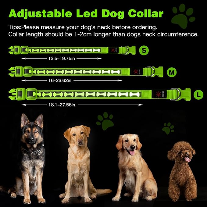 Flashseen Light Up Dog Collars, Adjustable LED Dog Collar Rechargeable, Glow in The Dark Dog Collars Super Bright Glow Collars for Night Walking for Dogs (Green, Large)