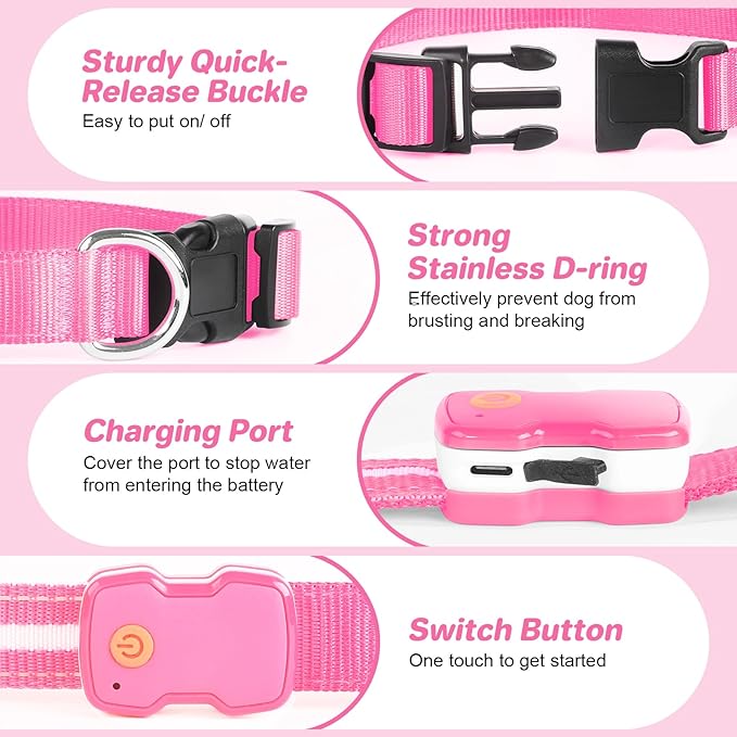 PcEoTllar Light Up Dog Collars, Led Dog Collar, Rechargeable, Night Walking, Waterproof, Glow in The Dark Dog Collars Light for Large Small Medium Dogs, Pink s