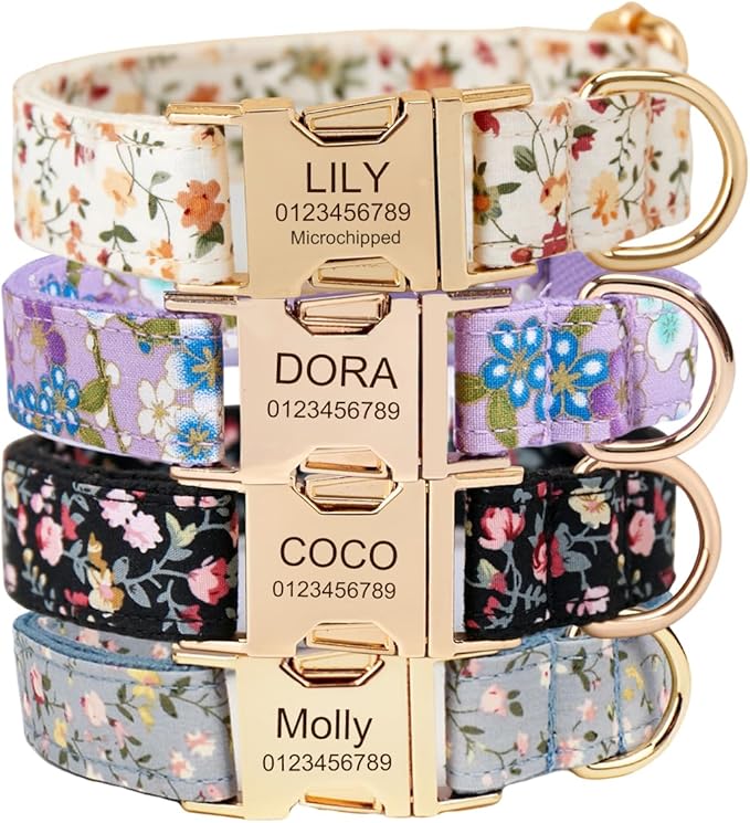 Personalized Dog Collar with Engraved Metal Buckle - Custom Name & Phone Number - Adjustable for Small, Medium, Large Breeds (Floral)