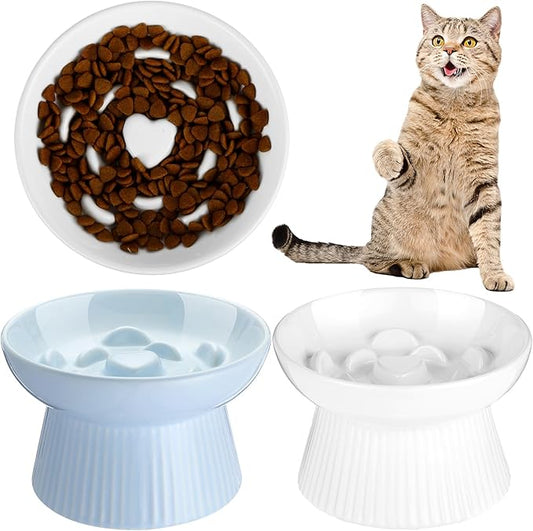 Tioncy 2 Pcs Raised Cat Slow Feeder Bowl Ceramic Elevated Cat Dog Food Bowl No Spill High Edge for Dry Wet Food and Water Easy to Clean, Dishwasher Safe (White,Blue)