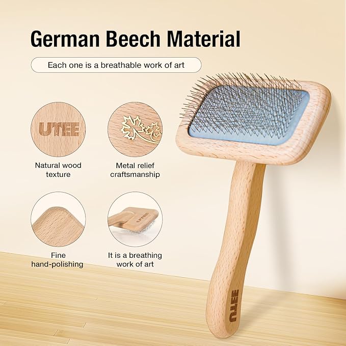 UTEE Slicker Brush for Small Dogs & Long-Haired Cats – 120° Curved Stainless Steel Pins for Gentle, Pain-Free Grooming, Soft Air Cushion & Beech Wood Handle