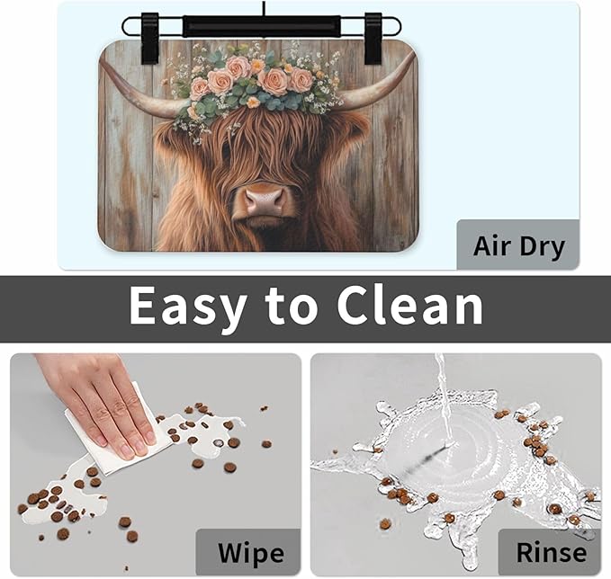 Highland Cow Dog & Cat Food Mat for Floors Waterproof,Quick Dry Anti-Slip Bowl Mats for Food and Water,Pet Feeding Mats,Pet Placemat for Messy Drinkers to Protect Floors,Pets Supplies 17.72×11.81in
