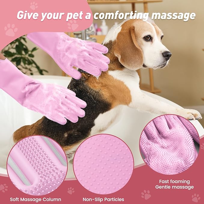 Pet Shower & Bath Supplies，Dog Shampoo Brush Set with Towel, Washing Gloves,Comb for Dogs and Cats (large pink)