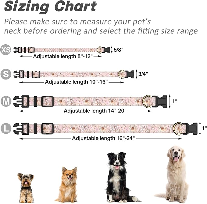 Reflective Dog Collar for Medium Dogs, Cute Flower Theme Adjustable Heavy-Duty Nylon Puppy Collar for Boy and Girl Female, Soft Pet Accessories with Quick Release Buckle, Neck 14-20", Pink