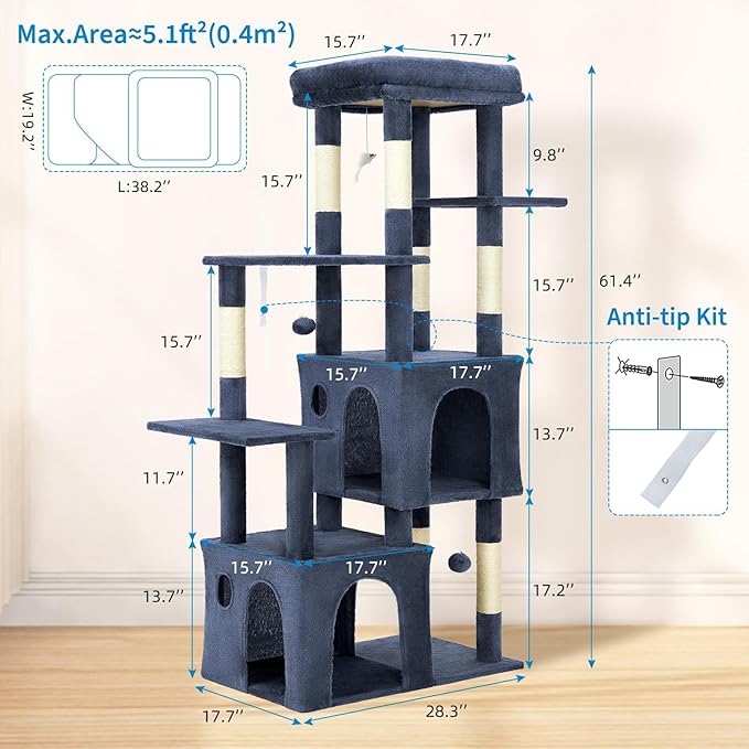 Cat Tree - 157cm Tall, Sisal Wrapped Scratching Post, Cat Nest, Hanging Ball, Extended Platform