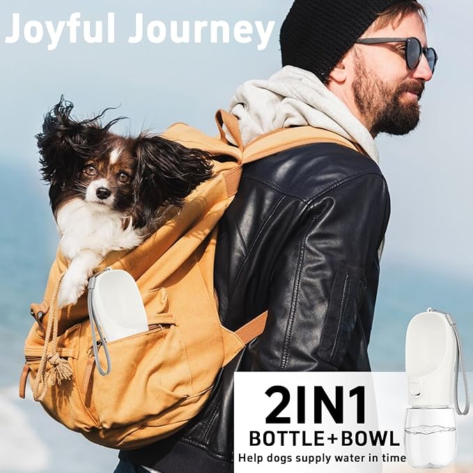 Maiiu Portable Travel Dog Bottle with Bowl, Leak Proof, Convenient for Walking, Hiking and Camping (White, 12oz)