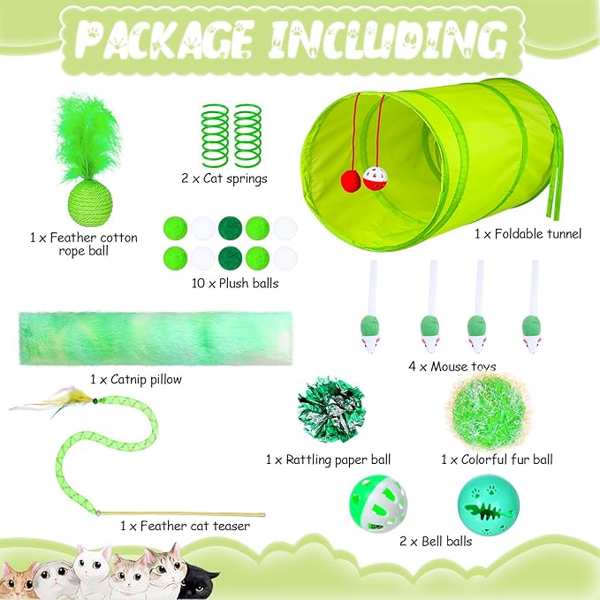Foilswirl 24 Pcs Cat Toys Set Interactive Kitten Toys Pack Including Collapsible Play Tunnel Feather Teaser Wand Fuzzy Ball Springs Pillow Mouse Bells for Indoor Cats Puppy(Green)