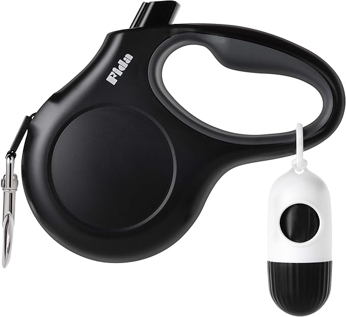 Fida Retractable Dog Leash with Dispenser and Poop Bags, 16 ft Pet Walking Leash for Small Dog or Cat up to 26 lbs, Anti-Slip Soft Handle, Tangle Free, Reflective Nylon Tape (S, Black)