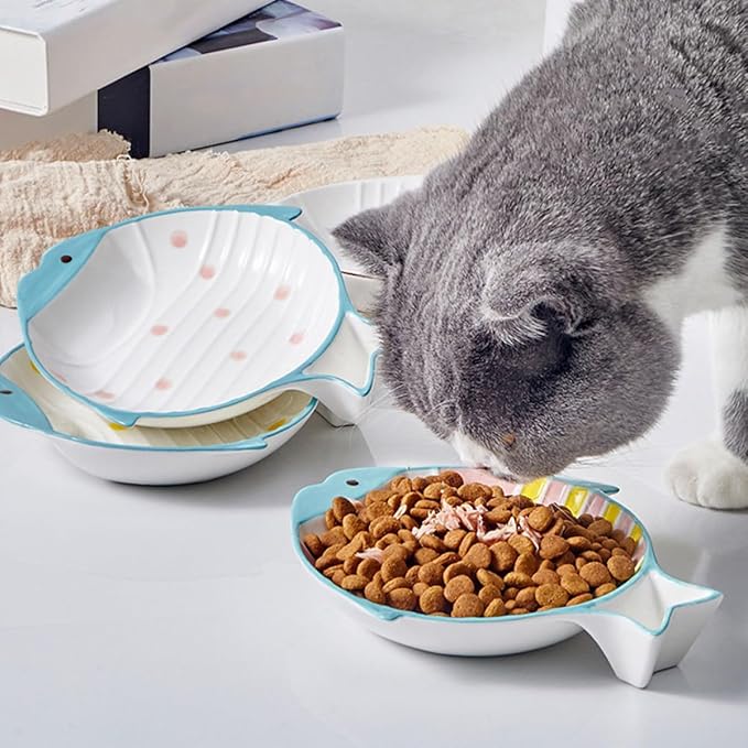 SHINEOFI Fish Shape Ceramic Cat Water Bowl, Multi-Function Household Kitten Bowl for Indoor Cats, Pink and Yellow Striped Pet Feeding and Water Dish
