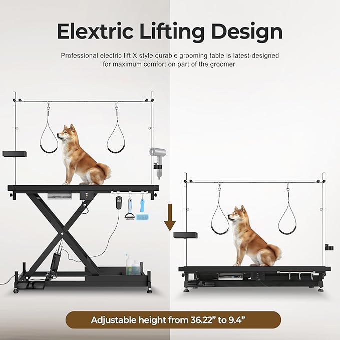 SoarFlash 49.6” Electric Lift Pet Dog Grooming Table,Heavy Duty Electric Grooming Table for Dogs&Cats,Heavy Duty Height Adjustable with Overhead Arm, Clamps, Two Grooming Noose