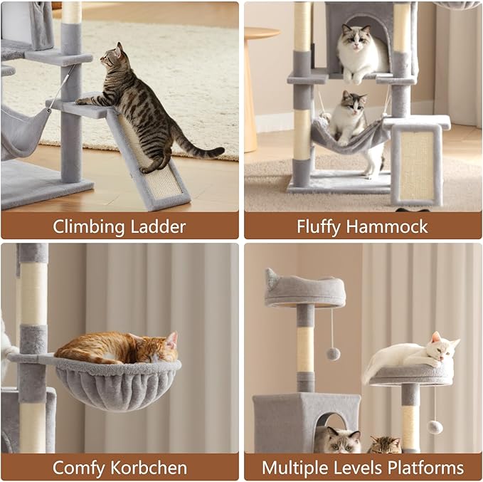 Large Cat Tree 75 Inch, Multi-Level Tall Cat Tree Tower with Condo, Perches, Sisal Scratching Posts Board and Hammock, Pet Play House with Dangling Balls for Indoor Cats, Light Grey