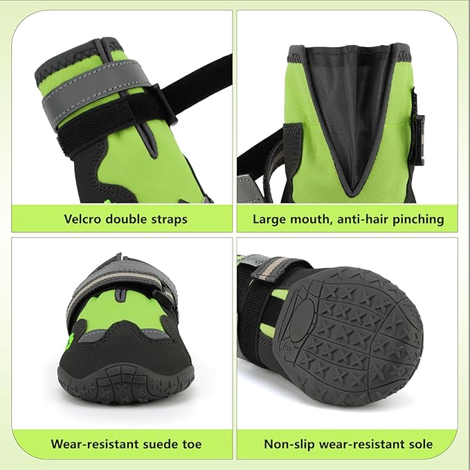 Dog Shoes for Large Dogs, 360°Anti Slip Medium Dog Boots & Paw Protectors Winter Snowy, Waterproof 4Pcs Dog Booties with Reflective Strips (Size 6: 2.56''x3.07''(W*L), Green)