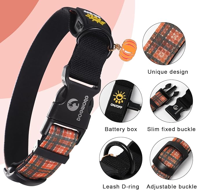 DOGWONG LED Dog Collar - Fall Orange Plaid Heavy Duty Light up Dog Collars - Rechargeable Waterproof - Lighted Dog Collars for Night Walking, Hiking, Camping(Orange Plaid,S)