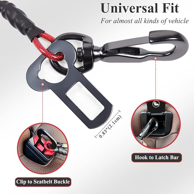 VIVAGLORY Dog Seat Belt Tuffbelt Dog Car Harness, Seatbelt with Clip & Hook for Car Travel, Chew Proof Anti Chew Unchewable Metal Safety Tether Restraint, M, Red