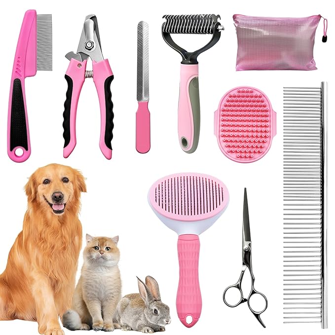 Dog Brush & Grooming Kit – 9-Piece Pet Brush & Deshedding Set for Shedding, Bathing, Trimming & Nail Care | Grooming Tools for Dogs & Cats, Includes Comb, Nail Clipper, Scissors, Slicker Brush (Pink)