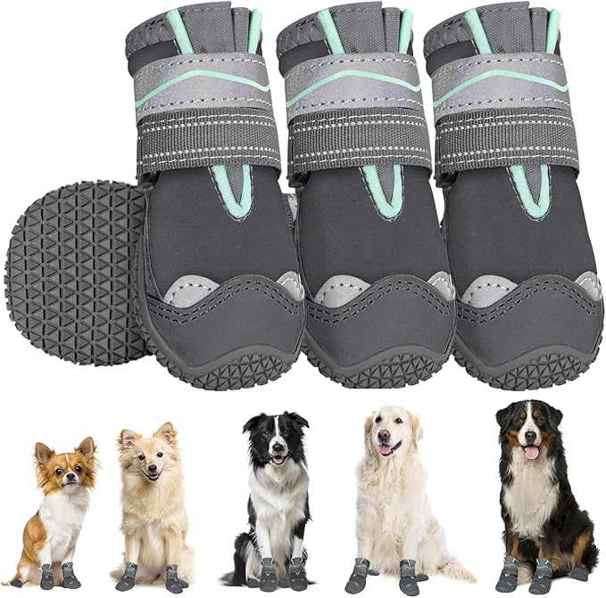 SlowTon Dog Shoes for Large Small Medium Dogs - Waterproof Dog Boots for Summer Hot Pavement, Paw Protector for Outdoor Walking Winter Snow, Anti-Slip Rubber Dog Booties for Hardwood Floor (Grey, 1)
