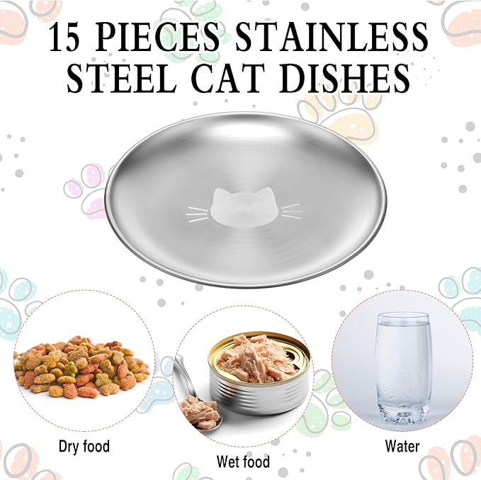 Domensi 15 Pieces Stainless Steel Cat Bowls Beard Friendly, 6.7 Inch Wide and Shallow Cat Food Dish Wet Feeding Bowls Flat Pet Dish Small Pet Plate for Kittens Ferrets Stray