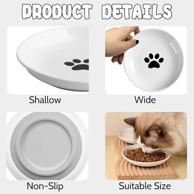BNOSDM Non Skid Cat Food Bowls Shallow Ceramic Cat Dishes with Rubber Bottom Whisker Fatigue Kitty Bowl 5.9 inch Flat Cats Plates Set of 4 Small Pet Feeding Bowls for Dry & Wet Food