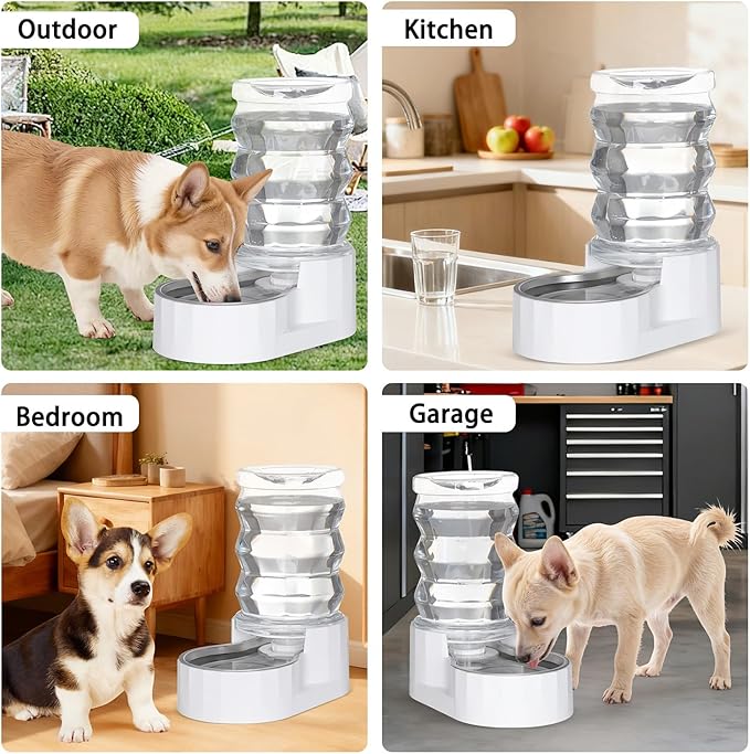 RIZZARI Automatic Gravity Pet Waterer: 7L White Stainless Steel Water Dispenser - Large Capacity with Triple Filter and Specialized Brush for Senior Dogs with Spinal Issues - for Living Room Bedroom