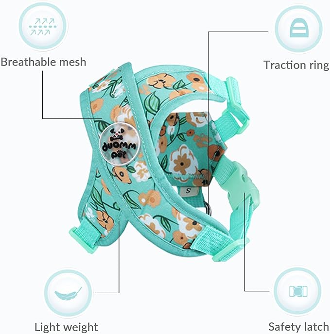 Patas Lague Dog Harness with Leash Set Adjustable Soft Padded Step-in Dog Vest No Choke No Pull Reflective for Small Pets with Poop Bags and Dispenser, Solid and No-chew, Floral Green XS