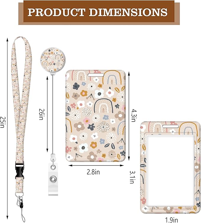 BLOCIT ID Badge Holder with Lanyard - Fashionable ID Card Holders with Retractable Lanyards - Soft Fiber Metal Clip Sturdy Buckle for Key Wallet - Work Nurse Teacher (Cute Flowers Rainbows)