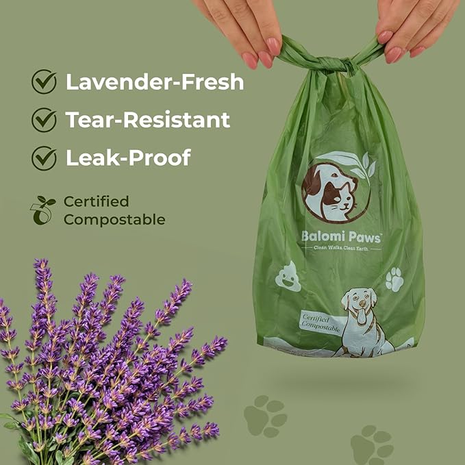 Compostable Dog Poop Bags 120 Count with Dispenser – Extra Thick Lavender Scented Pet Waste Bags, Leak Proof, Eco Friendly, Plastic Free Core, Biodegradable Dog Poop Bag Refills by Balomi Paws