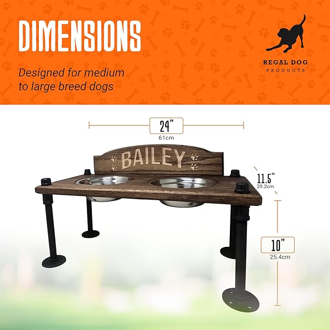 Elevated Dog Bowl Stand with Stainless Steel Bowls | Raised Dog Feeder | Oak Wood with Industrial Pipe Legs | Waterproof Finish | Handmade in USA (No Backsplash)