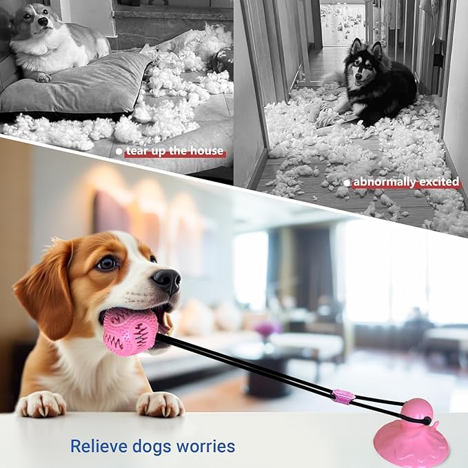 Tailwag Dog Toys Treat Food Dispensing Ball with Suction Cup, Tug of War for Dogs, Interactive Ball for Boredom, Mental Stimulation for Dog Games to Keep Them Busy (Pink)
