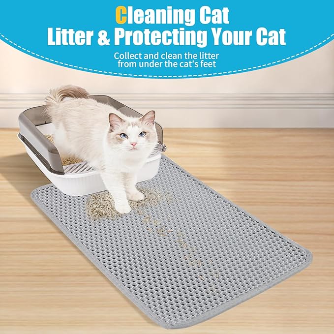 Cat Litter Mat, Kitty Litter Collector, Double Layered Honeycomb Design Waterproof, Anti Urine, Anti Slip, Easy to Clean, Limit Garbage (35"x24", Grey)