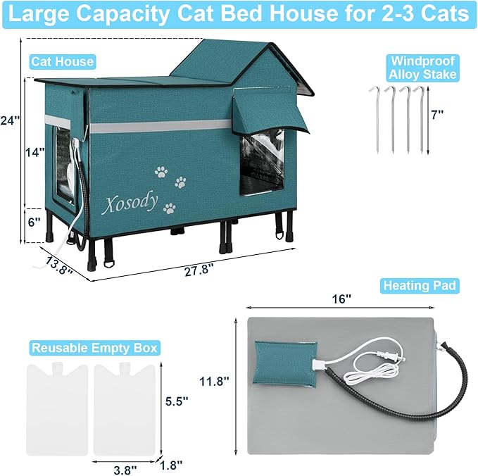 Heated Cat House for Outside Cats- 100% Weatherproof Insulated Outdoor Cat House with Heating Pad, Elevated Base & Safe Escape Door, Warm Kitty Shelter for Feral or Stray Cats in Winter