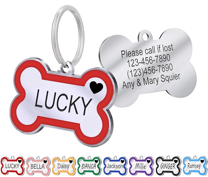 Personalized Deep Engraving Pet ID Tags Engraved Both Sides Bone Shape Custom Dog Tag Stainless Pet ID Tag Engraved Heart Dog Tags for Large Small Dogs Cats (Red, Small)