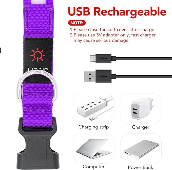 VIZPET LED Dog Collar, Light Up Dog Collar Adjustable USB Rechargeable Super Bright Safety Light Glowing Collars for Dogs (Purple, X-Large[22.83-27.55 inch/58-70cm])