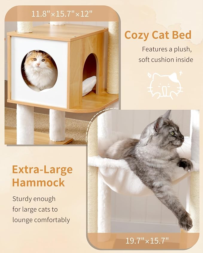 Heybly Cat Tree, 70.5 Inch Wood Tall Cat Tower for Large Indoor Cats with Extra Stable Structure, Modern Cat Furniture with All-Sisal Scratching Posts, Cat Condo & Hammocks, Walnut HCT121WB