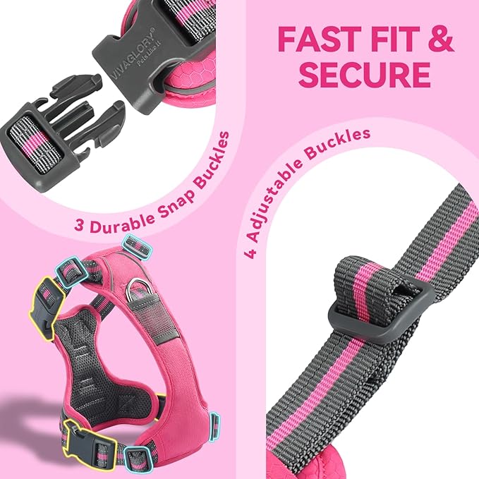 VIVAGLORY Dog Harness Easewalk No Pull Dog Harness with Handle & Front Back Clip for Training Lifting, Easy On Adjustable Padded No Pull for Pet & Puppy, M, Pink