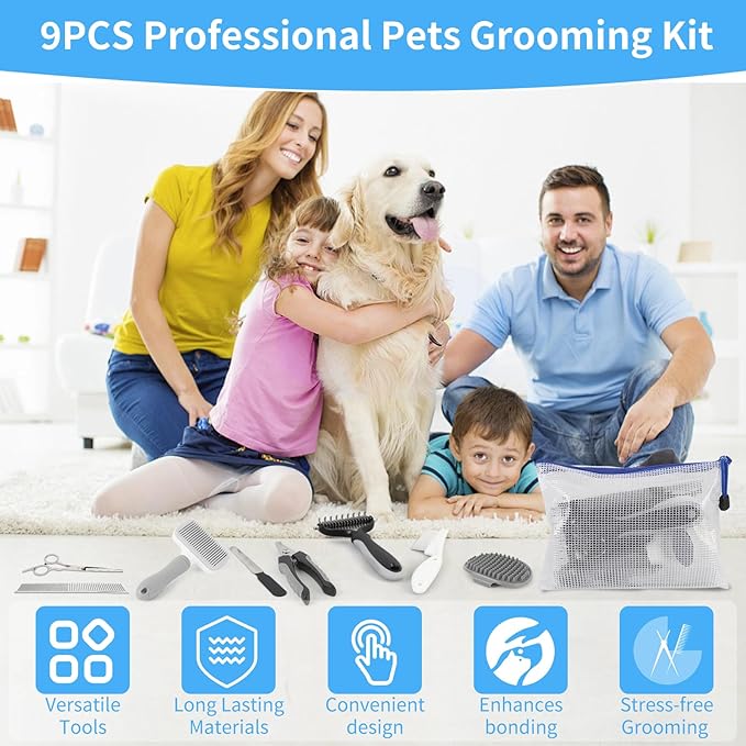 9 Pcs Pet Grooming Brush Set for Shedding, Professional Cats Dogs Long Hair Brush Nail Clipper And File Grooming Kit Self Cleanup Deshedding Multifunctional for Dogs Cats (Grey)