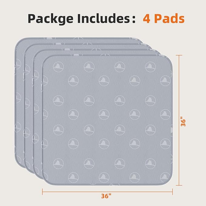PJYuCien Washable Pee Pads for Dogs 4 Pack, 36" x 36" Non-Slip and Leak-Proof Pee Mat, Puppy Training Pads for Whelping, Playpen, Crate, Bed (Grey)