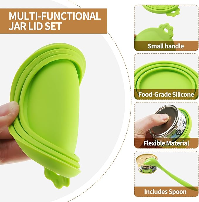 6-Pack Pet Food Can Lids, Silicone Dog Food Lids for Cans, Universal Wet Cat Food Lid Covers, Leakproof Reusable Plastic Can Covers, One Fits 3 Standard Sizes with Matching Scoops, Multicolored