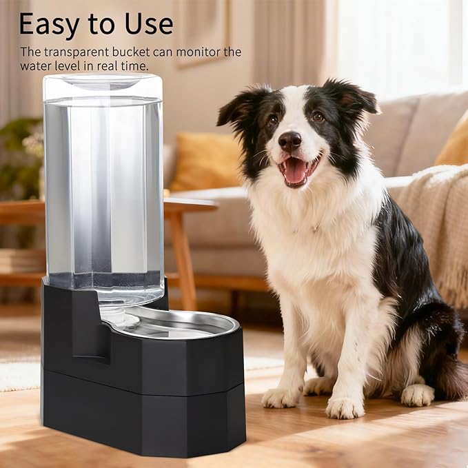 RIZZARI Large Dog Water Dispenser: 9L Raised Gravity Gray Automatic Stainless Steel Waterer with 2 Filters - 100% BPA Free - Pet Feeder for Senior Dogs with Joint Pain in Bedroom Garden