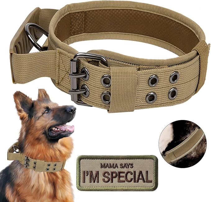 Tactical Dog Collar with Handle - Military Adjustable Dog Training Collar Soft Nylon and Heavy Duty Metal Buckle for Medium Large Dogs - with Patch (Brown with Patch, X-Large)