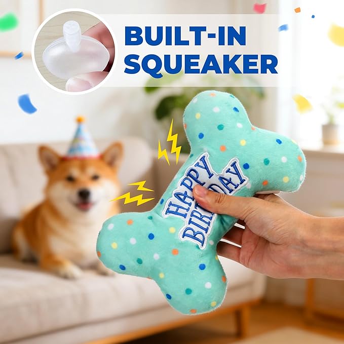 Prime Pets Dog Birthday Toys, Plush Dog Squeaky Toys, Stuffed Puppy Chew Toy for Small Medium Large Dogs, Bone Pet Toy