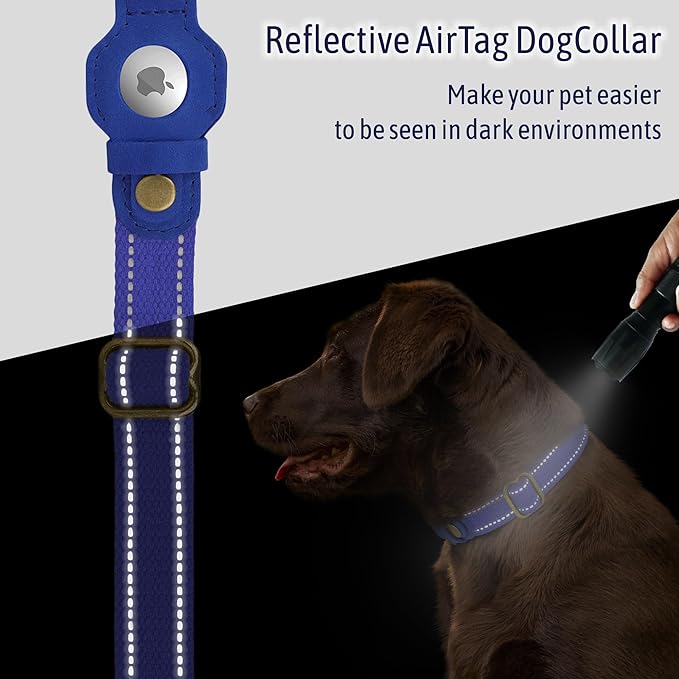 Reflective Leather Dog Collar with AirTag Holder - Soft Apple Airtag Dog Collar with Metal Buckle - Safety Cotton Pet Collars for Dogs Small Large Dogs Puppy (Green, XS, 9"-12")