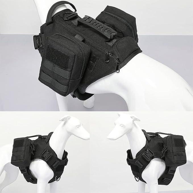 Tactical Dog Backpack Harness for Large Breed Original Design Metal Buckle Vest with Side Bags Pouches for Service Working Training (Black (with 2 Pouches), L)
