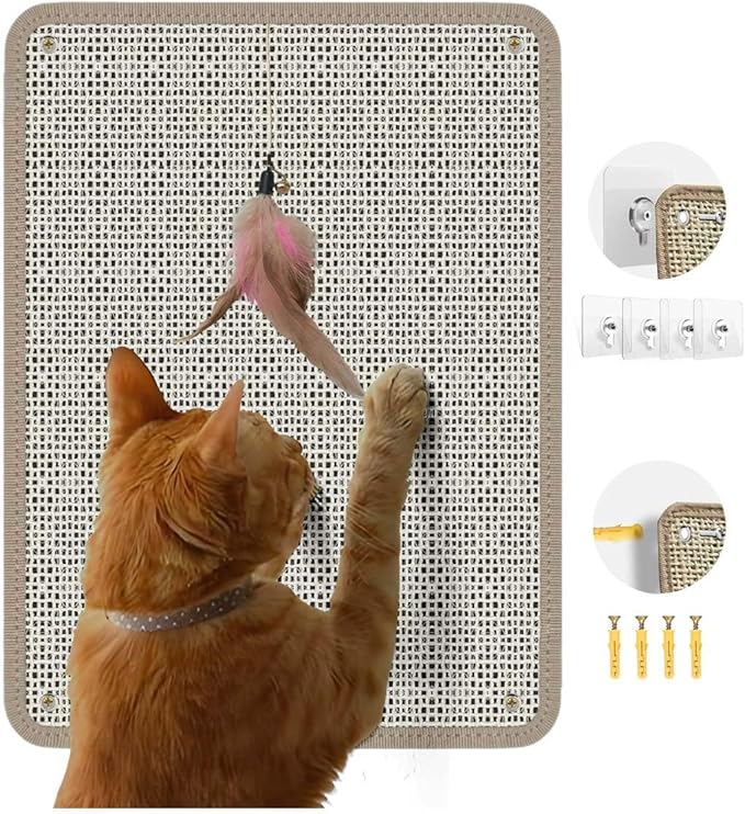 Cat Nail File Scratcher - Natural Sisal Scratch Mat with 80-Grit Aluminum Oxide, Adhesive Sheets & Expansion Screws for Secure Wall/Floor Mounting, Ideal for Trimming Cat Claws 11.12"x14.81"