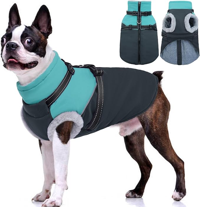Dog Coat with Harness Built, Dog Winter Jacket with Zipper Closure, Warm Pet Fleece Puffer Coat with Reflective Strips & Furry Collar, Waterproof Snowsuit for Medium Large Dogs - Green M