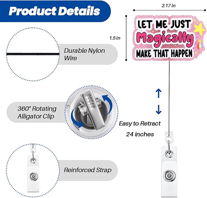 Let Me Just Magically Make That Happen Funny Nurse Badge Reel, Pink Retractable ID Badge Holder, Name Tag Badge Buddy for RN LPN ED PMO Rehab Night Shift Nurse Nursing Student Healthcare Workers