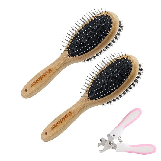 Double Sided Dog and Cat Brush - Bristle and Pin Pet Grooming Tool With Real Boar Bristles and Bamboo Handle for Long Short Hair - 2 Pack Comb, 1 Nail Clipper