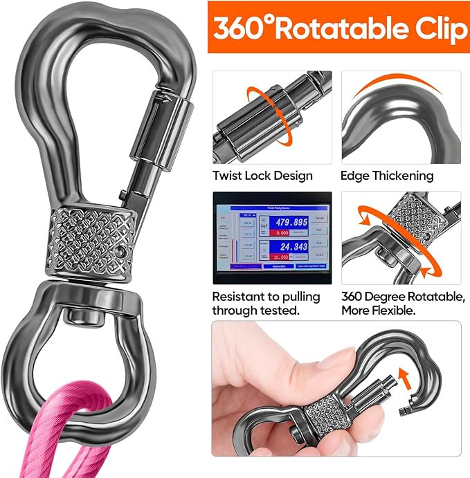 Tresbro 50FT Reflective Tie Out Cable for Dogs Up to 250 Pounds, Steel Wire Lead Leash Cable with Stainless Rotatable Buckle, Lightweight and Enduring, Dog Chains Outside for Outdoor, Yard, Pink