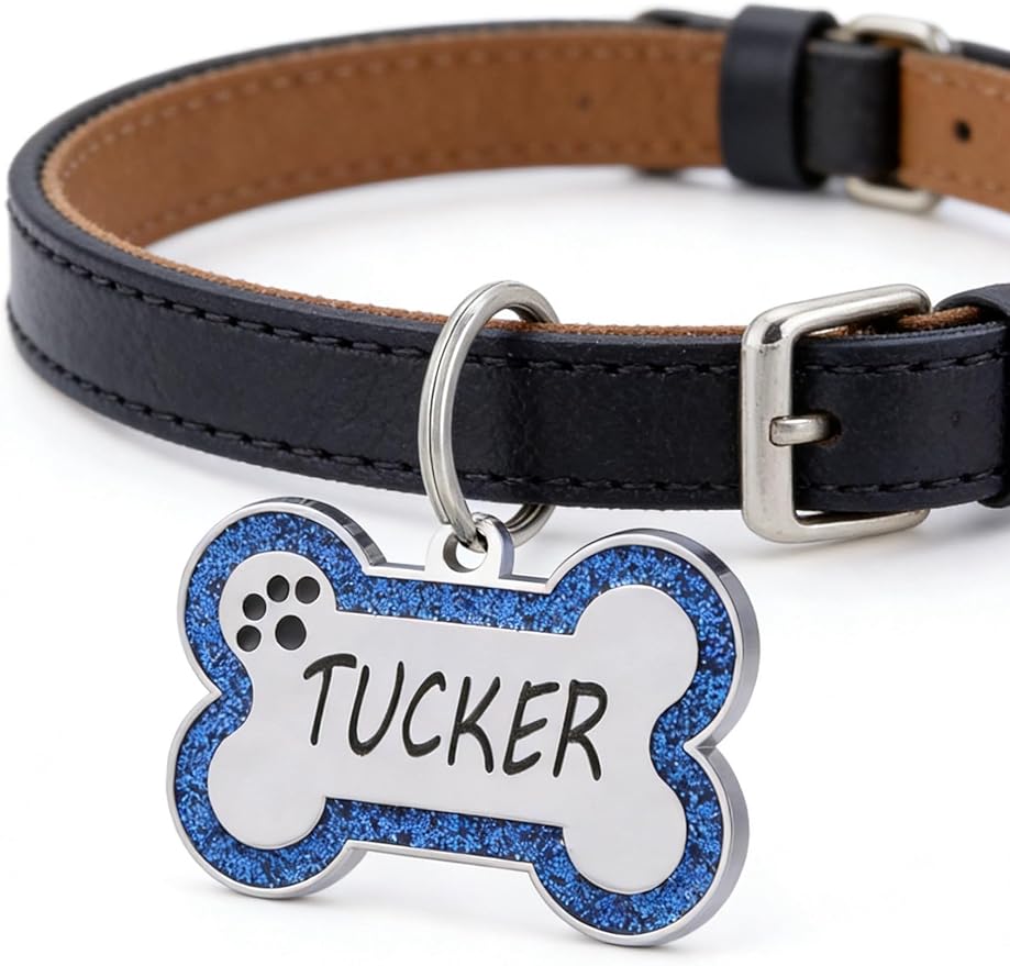 Personalized Dog Tags - Stainless Steel Deep Engraved Glitter Bone Shape Pet ID Tag, Double Sided Custom Text, Lightweight Durable Cat Dog Name Tag (Royal Blue, S)